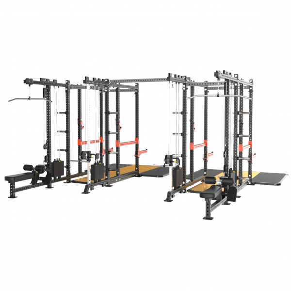 Две силовые рамы MS02 с опцией-стойкой для хранения дисков MS00 и помостами HSPCF35/MS32 соединенные между собой перекладиной